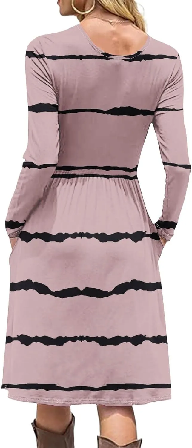 Trendy Long Sleeve Midi Dress for Women Casual Plus Size Smocked Flowy Formal Floral Pleated Swing Knee Length Dress