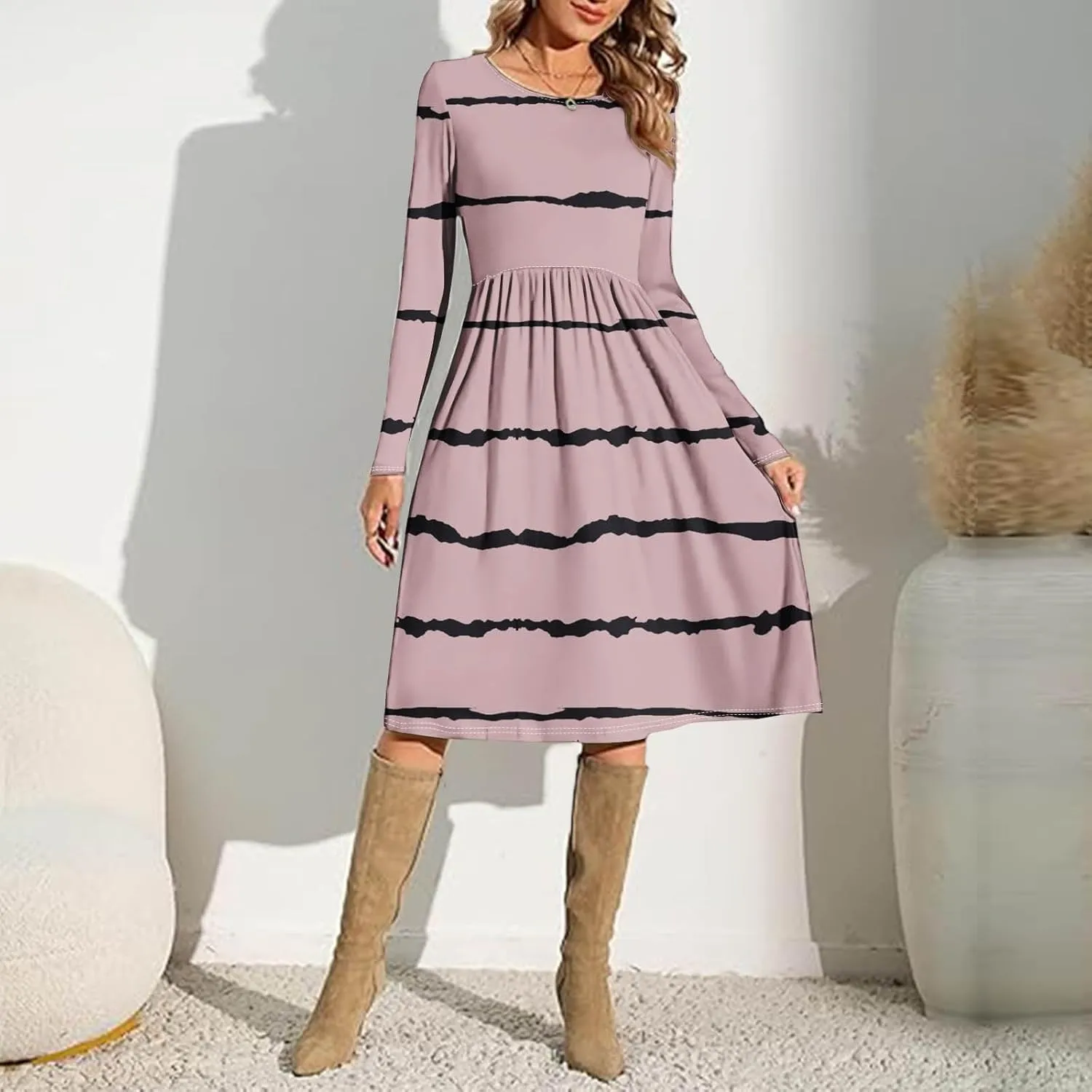 Trendy Long Sleeve Midi Dress for Women Casual Plus Size Smocked Flowy Formal Floral Pleated Swing Knee Length Dress