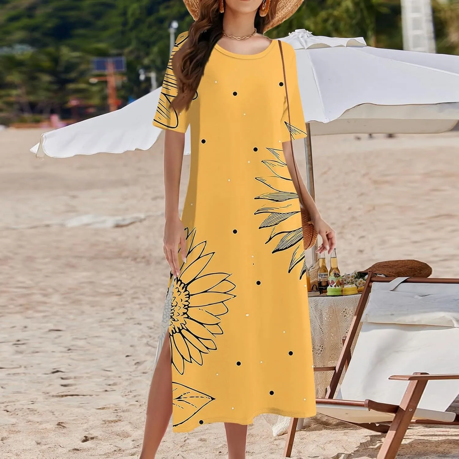 Tshirt Dress Women with Pockets Short Sleeve Side Slit Summer Midi Dresses Scoop Neck Beach Vacation Dresses
