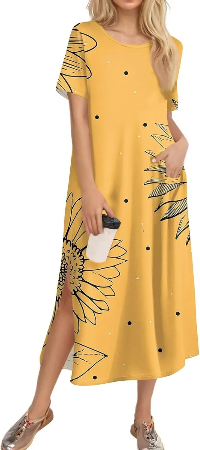 Tshirt Dress Women with Pockets Short Sleeve Side Slit Summer Midi Dresses Scoop Neck Beach Vacation Dresses
