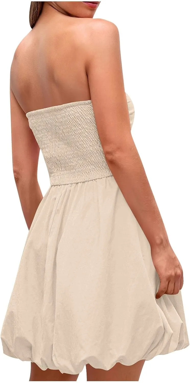 Tube Top Dress for Women 2025 Summer Casual Smocked Ruffle A Line Sundress Trendy Strapless Party Short Mini Dresses