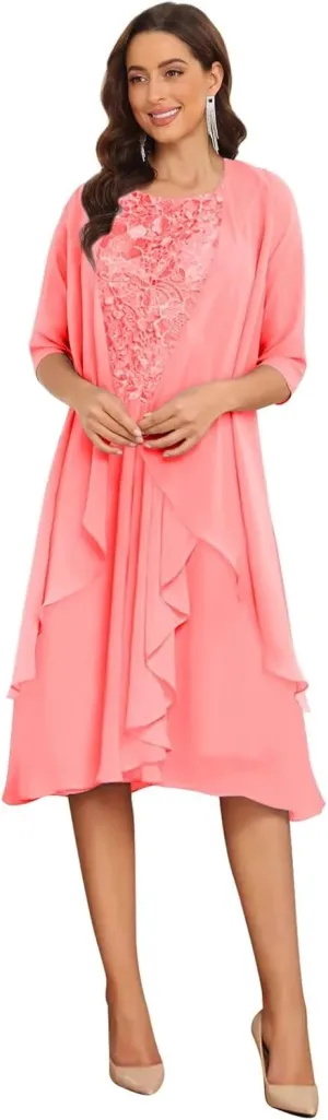 VCCICANY 2 Pieces Mother of The Bride Dresses with Jacket Lace Chiffon Ruffle Ruched Formal Dress with 1/2 Sleeves