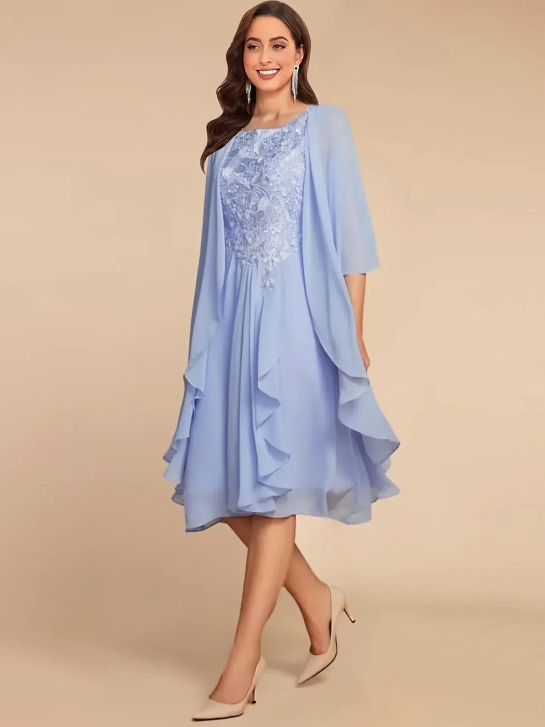 VCCICANY 2 Pieces Mother of The Bride Dresses with Jacket Lace Chiffon Ruffle Ruched Formal Dress with 1/2 Sleeves