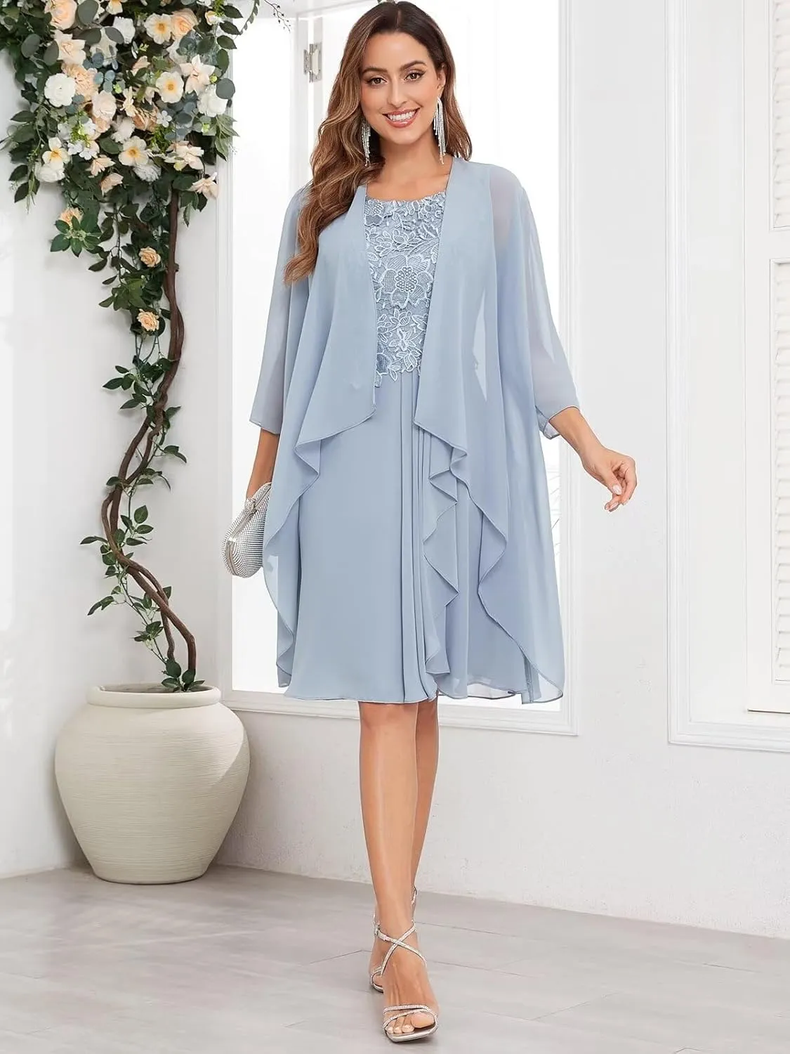 VCCICANY 2 Pieces Mother of The Bride Dresses with Jacket Lace Chiffon Ruffle Ruched Formal Dress with 1/2 Sleeves