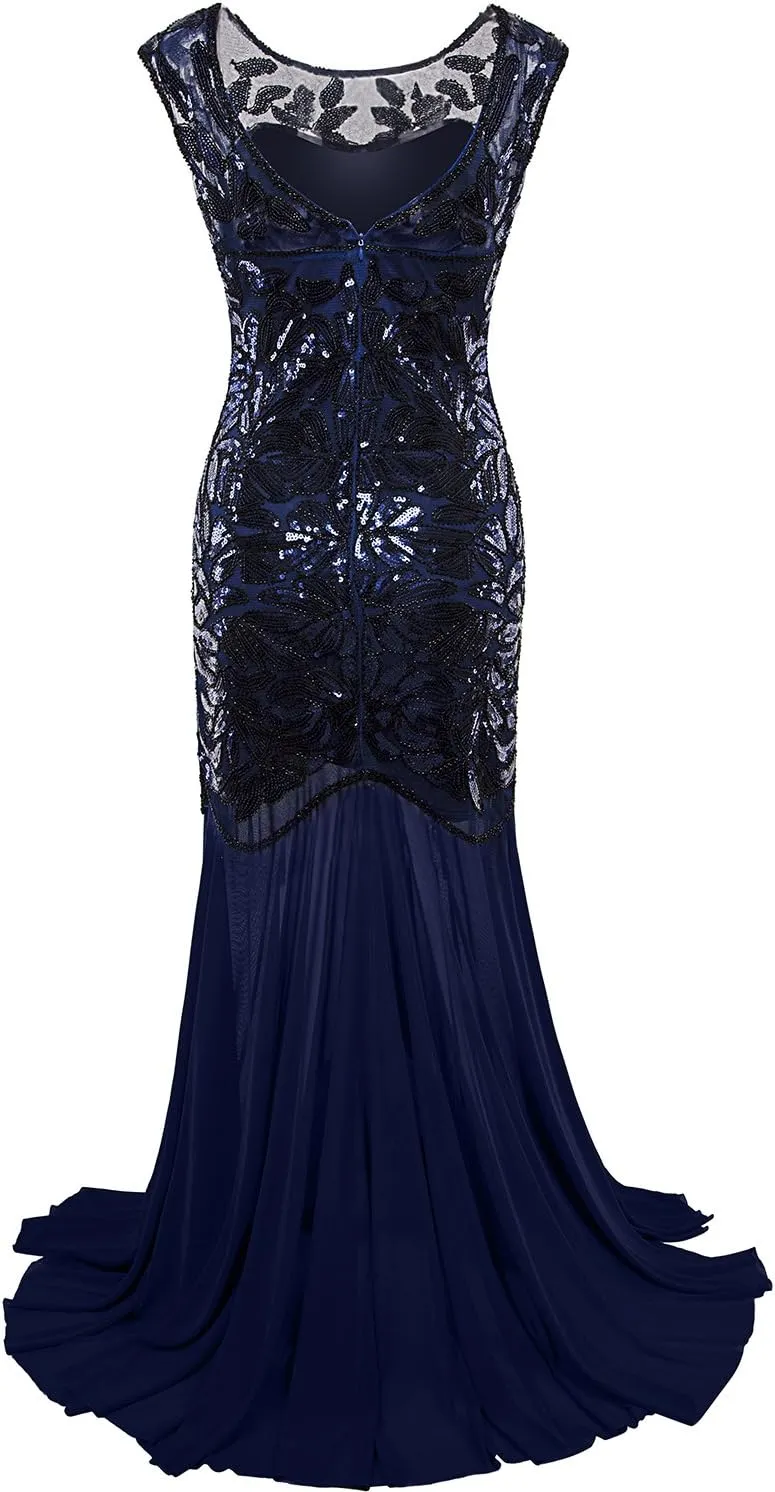 Vijiv 1920s Long Prom Dresses Sequins Beaded Art Deco Evening Party V Neck Back
