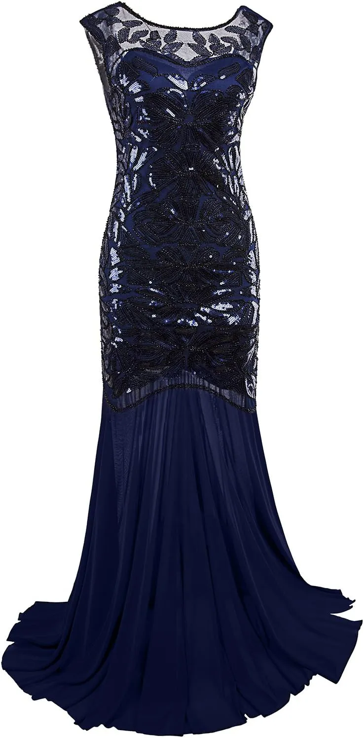 Vijiv 1920s Long Prom Dresses Sequins Beaded Art Deco Evening Party V Neck Back