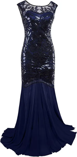 Vijiv 1920s Long Prom Dresses Sequins Beaded Art Deco Evening Party V Neck Back