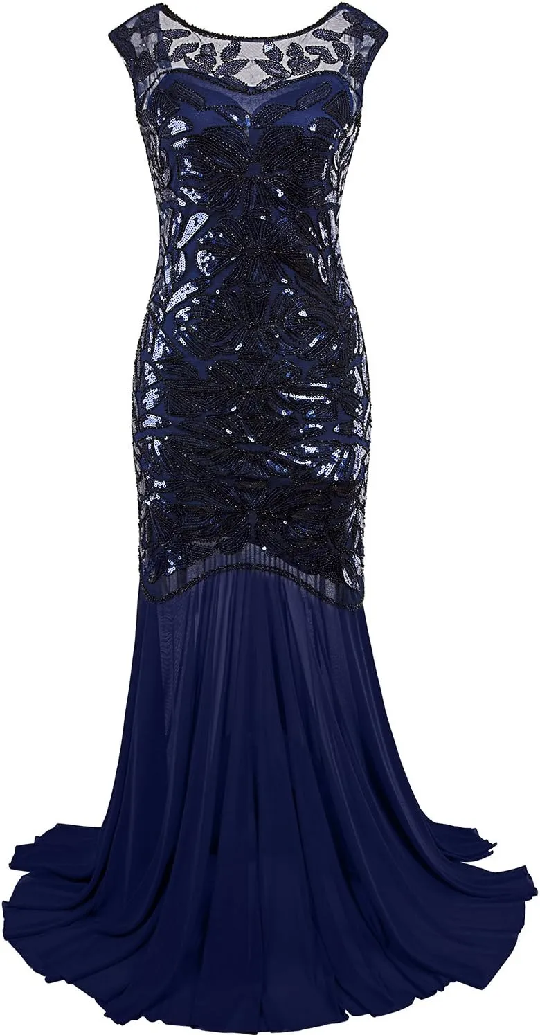Vijiv 1920s Long Prom Dresses Sequins Beaded Art Deco Evening Party V Neck Back