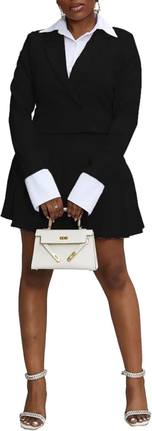 Women 2 Piece Outfits Business Casual Double Breasted Cropped Blazer Jacket and High Waist Pleated Mini Skirt Sets