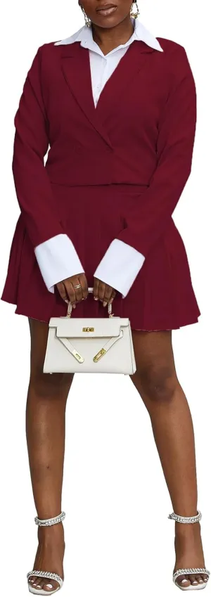 Women 2 Piece Outfits Business Casual Double Breasted Cropped Blazer Jacket and High Waist Pleated Mini Skirt Sets