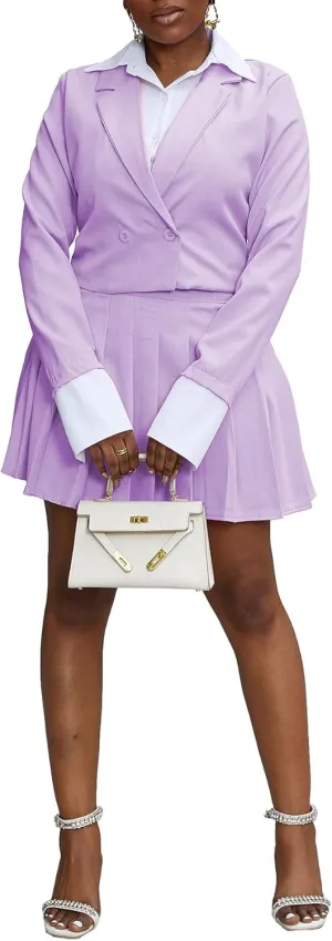Women 2 Piece Outfits Business Casual Double Breasted Cropped Blazer Jacket and High Waist Pleated Mini Skirt Sets