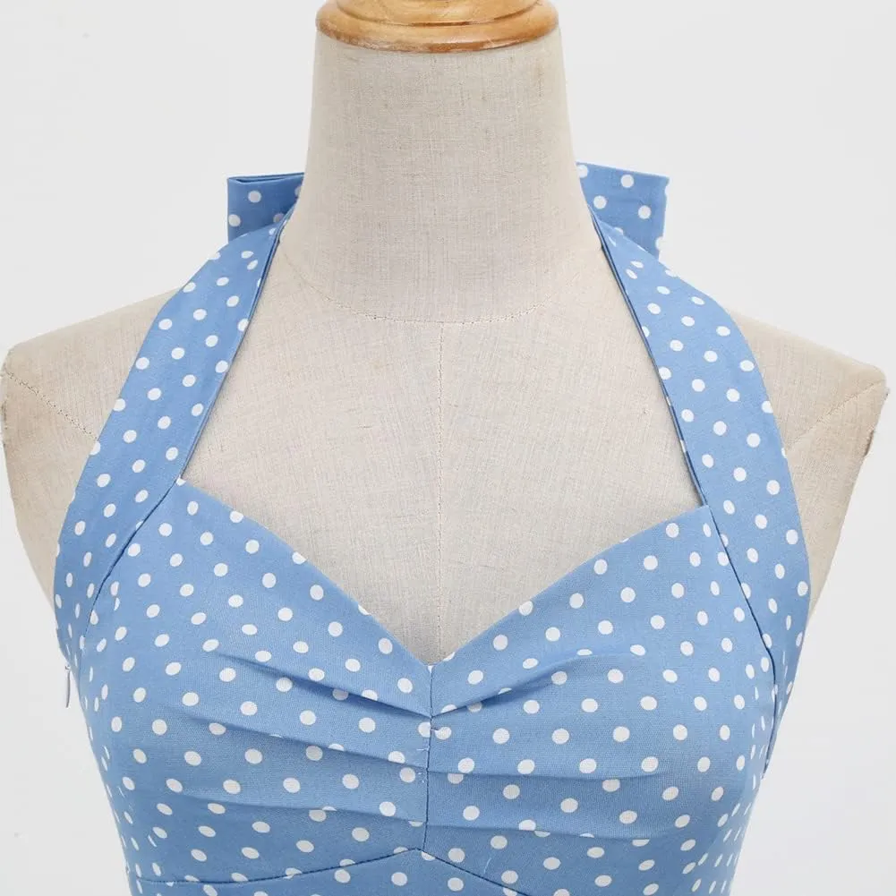 Women 50s Vintage Polka Dot Halter Cocktail Swing Dress Buttons Floral 1950s Rockabilly Audrey Hepburn Prom Tea Party Dress