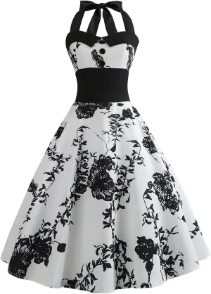 Women 50s Vintage Polka Dot Halter Cocktail Swing Dress Buttons Floral 1950s Rockabilly Audrey Hepburn Prom Tea Party Dress