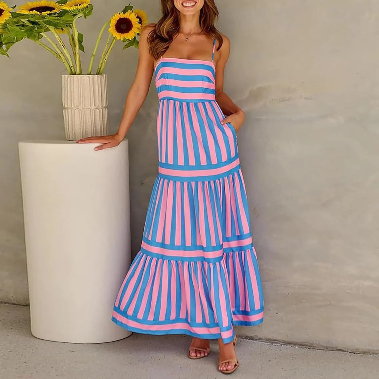 Women Boho Graffiti Long Dress Graphic Spaghetti Strap Flowy Dress Square Neck Colorful A Line Sundress 2024 Trendy