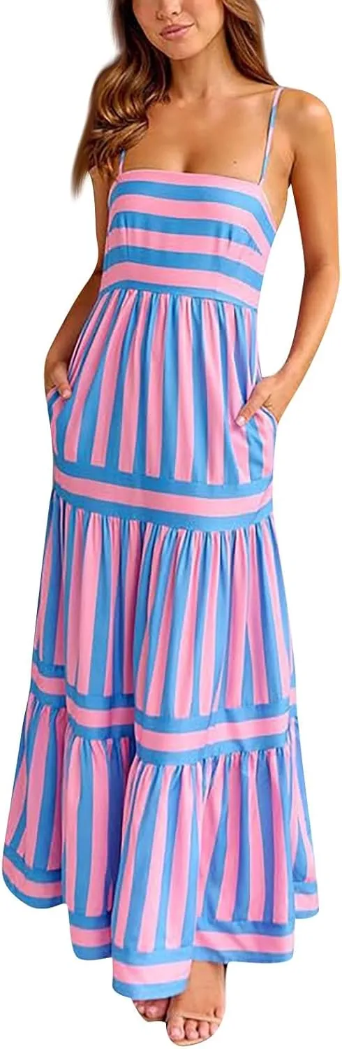 Women Boho Graffiti Long Dress Graphic Spaghetti Strap Flowy Dress Square Neck Colorful A Line Sundress 2024 Trendy