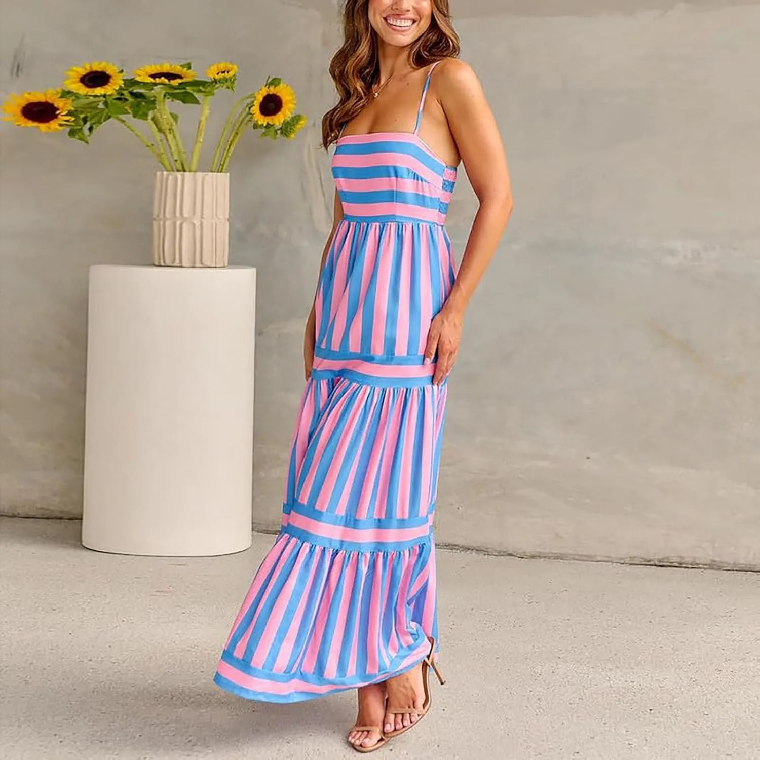 Women Boho Graffiti Long Dress Graphic Spaghetti Strap Flowy Dress Square Neck Colorful A Line Sundress 2024 Trendy
