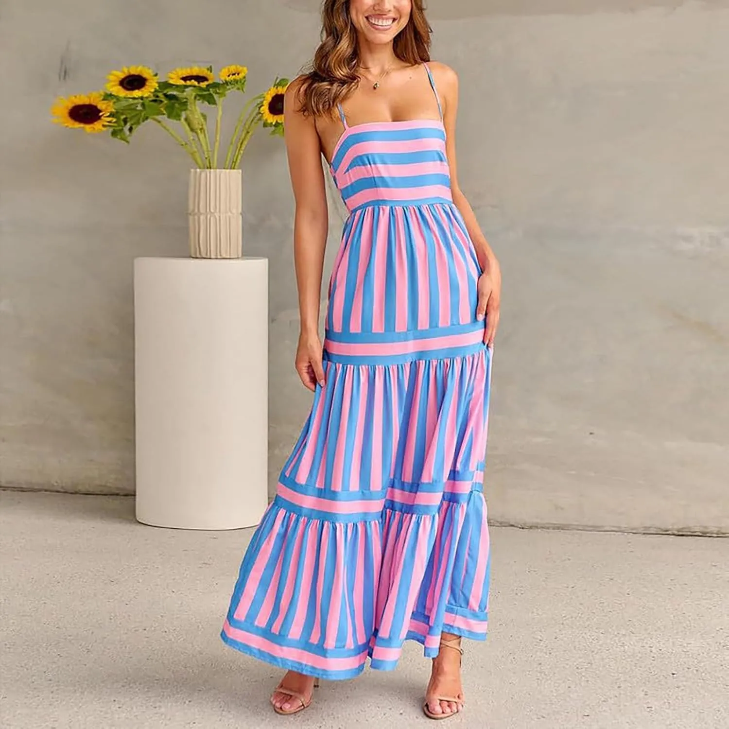 Women Boho Graffiti Long Dress Graphic Spaghetti Strap Flowy Dress Square Neck Colorful A Line Sundress 2024 Trendy