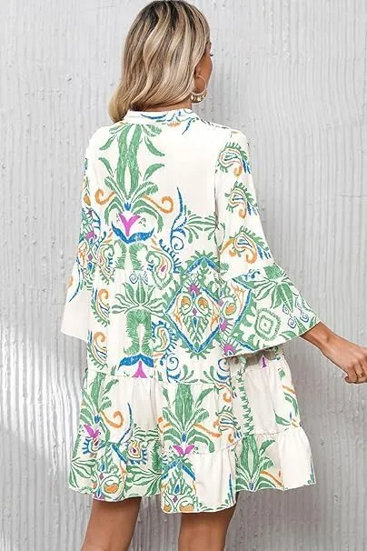 Women Boho Midi Dress Vintage Tribal Print Button Down Ruffle Sleeve Flowy Beach Dress