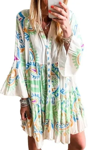 Women Boho Midi Dress Vintage Tribal Print Button Down Ruffle Sleeve Flowy Beach Dress