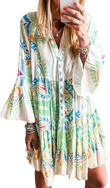 Women Boho Midi Dress Vintage Tribal Print Button Down Ruffle Sleeve Flowy Beach Dress
