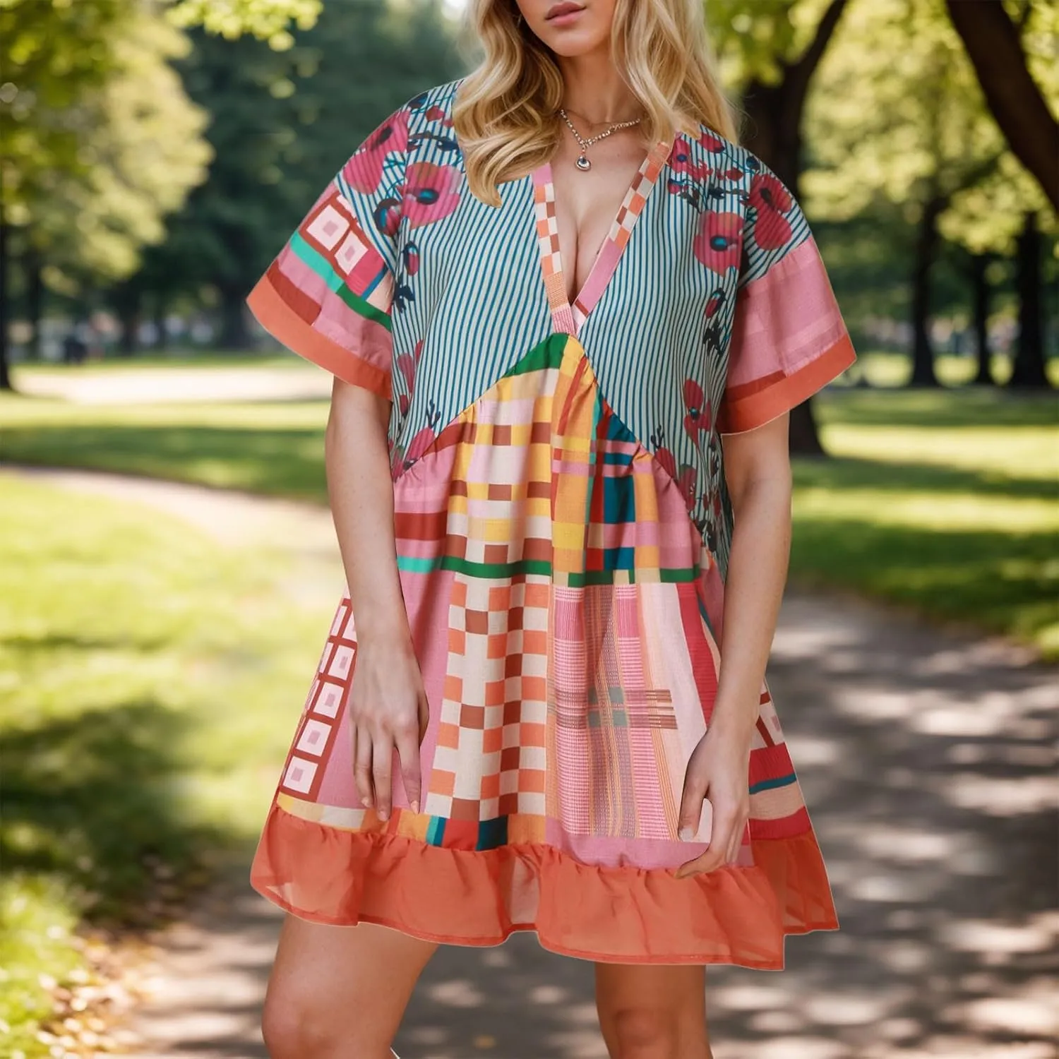 Women Boho Summer Dresses Y2K Babydoll Flowy Dress Ruffle Mini Dress Deep V-Neck Casual Floral Sundress 2025 Clothes