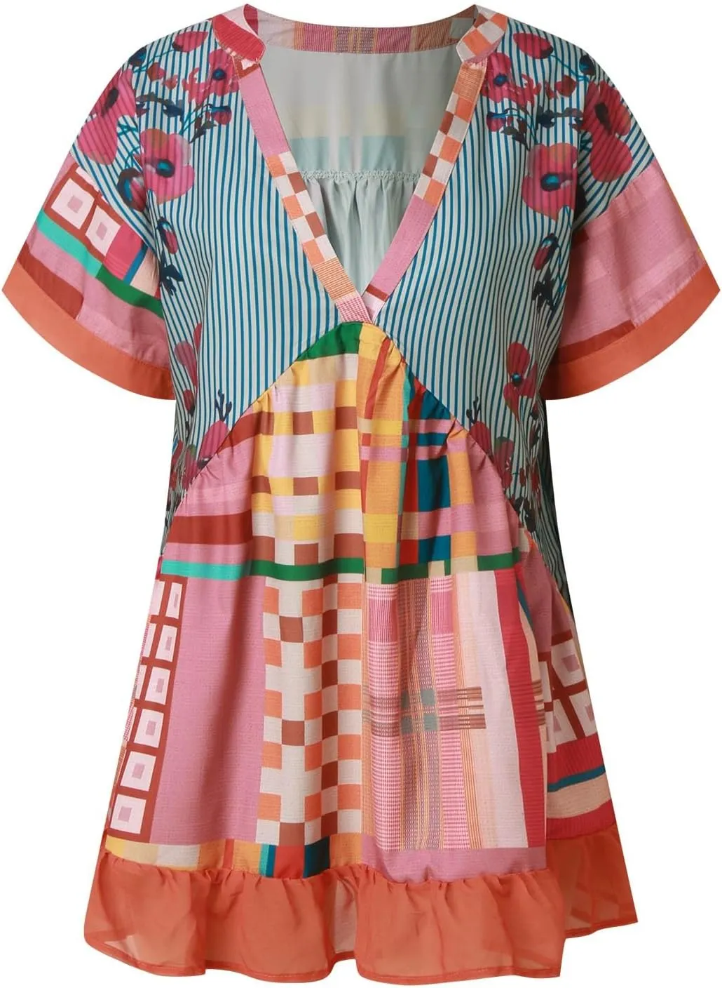 Women Boho Summer Dresses Y2K Babydoll Flowy Dress Ruffle Mini Dress Deep V-Neck Casual Floral Sundress 2025 Clothes