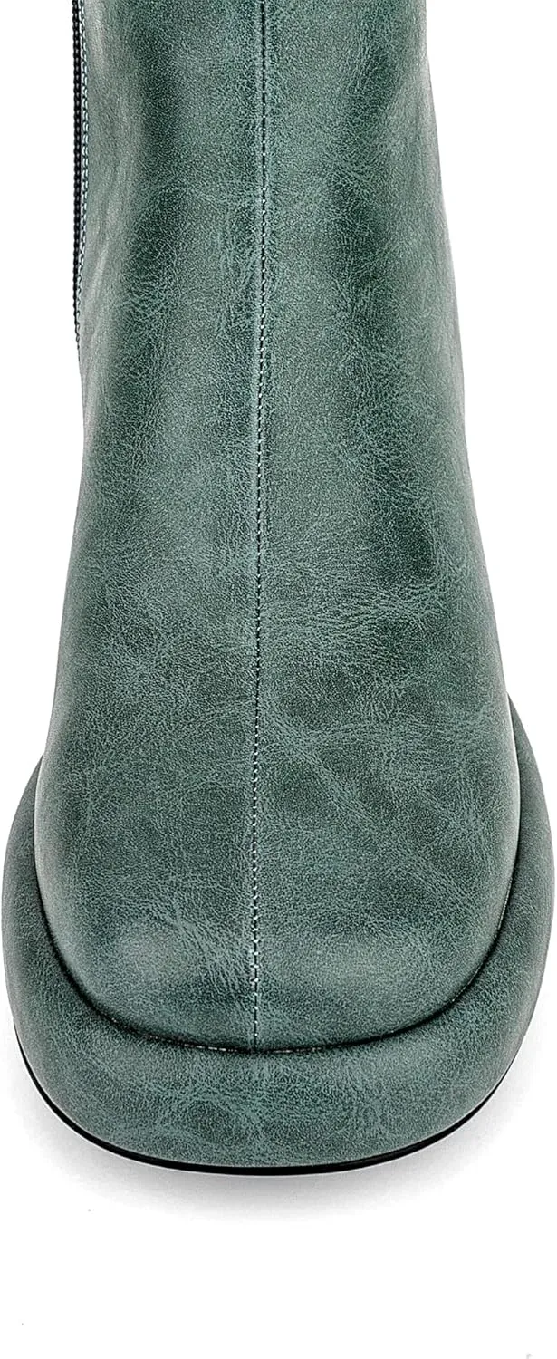 Women Casual Round Toe Platform Mid Calf Boot Vegan Leather Suede Block High Heel Zipper Boots