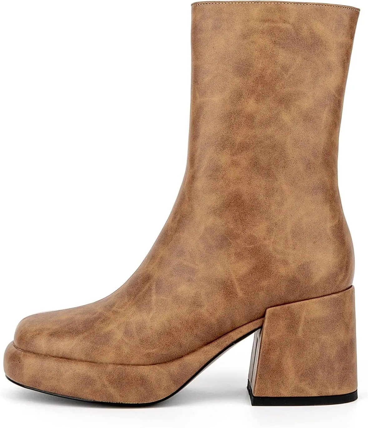 Women Casual Round Toe Platform Mid Calf Boot Vegan Leather Suede Block High Heel Zipper Boots