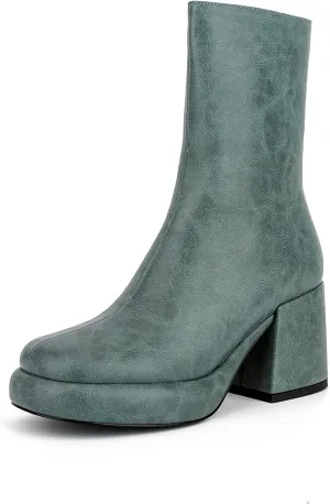 Women Casual Round Toe Platform Mid Calf Boot Vegan Leather Suede Block High Heel Zipper Boots