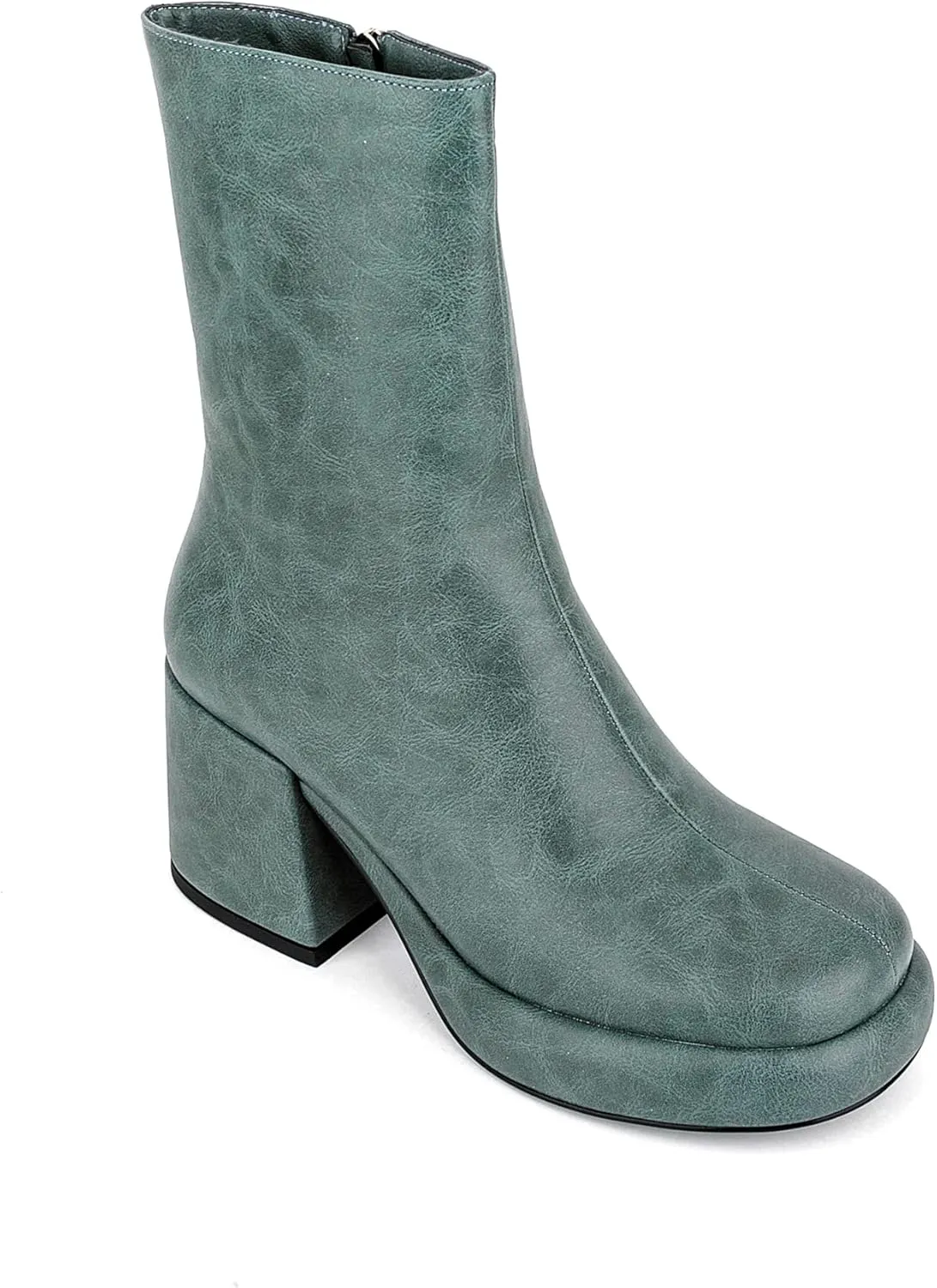 Women Casual Round Toe Platform Mid Calf Boot Vegan Leather Suede Block High Heel Zipper Boots