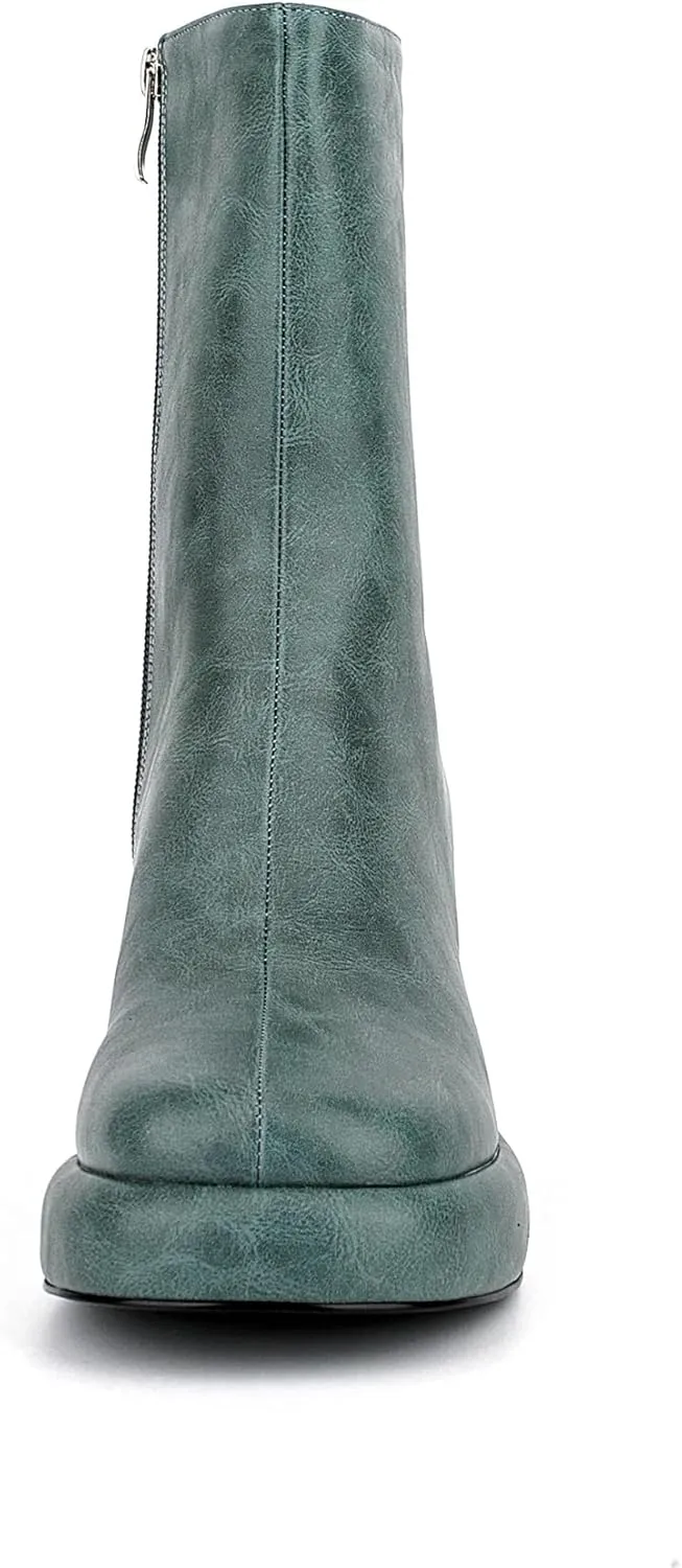 Women Casual Round Toe Platform Mid Calf Boot Vegan Leather Suede Block High Heel Zipper Boots