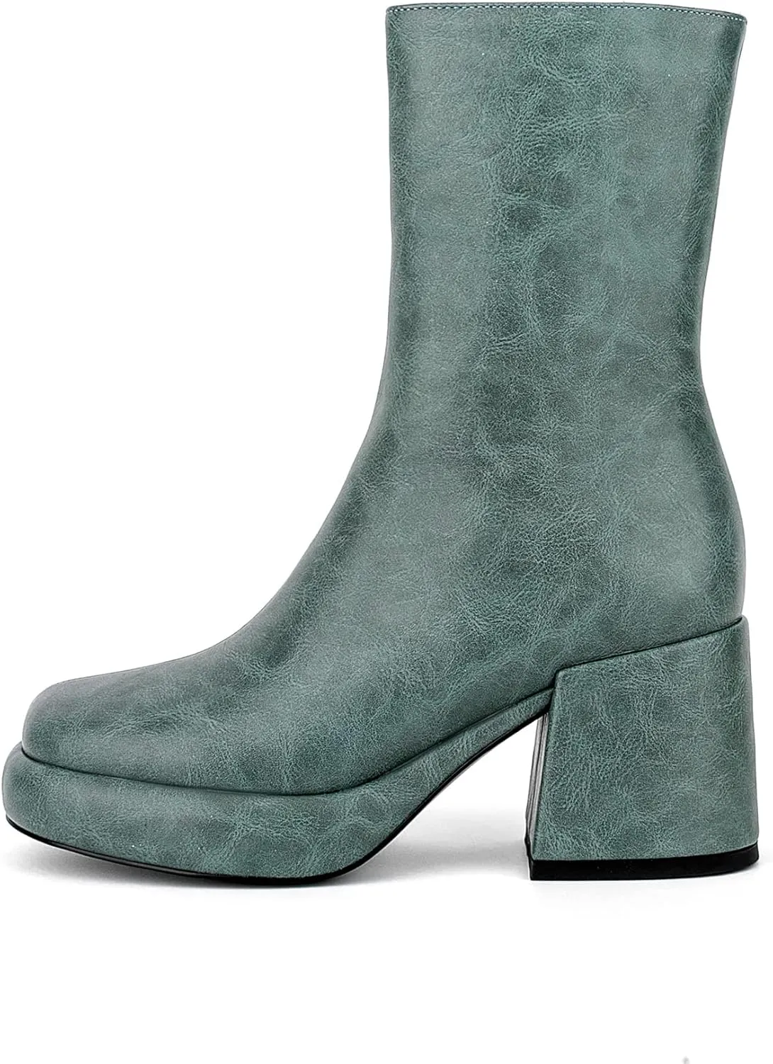Women Casual Round Toe Platform Mid Calf Boot Vegan Leather Suede Block High Heel Zipper Boots