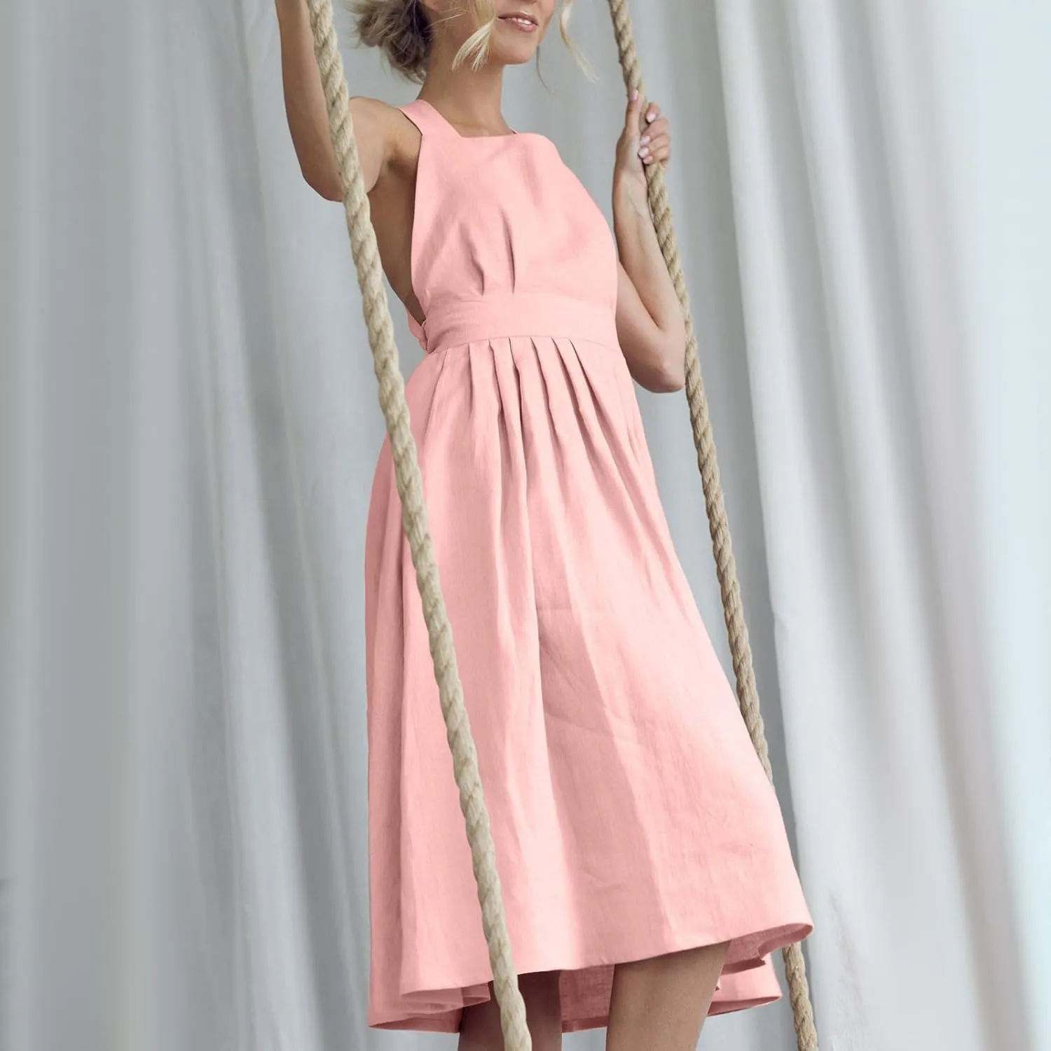 Women Cotton Linen A-line Dress Elegant Cross Lace-Up Backless Midi Dresses Summer Sleeveless Flowy Pleated Dress