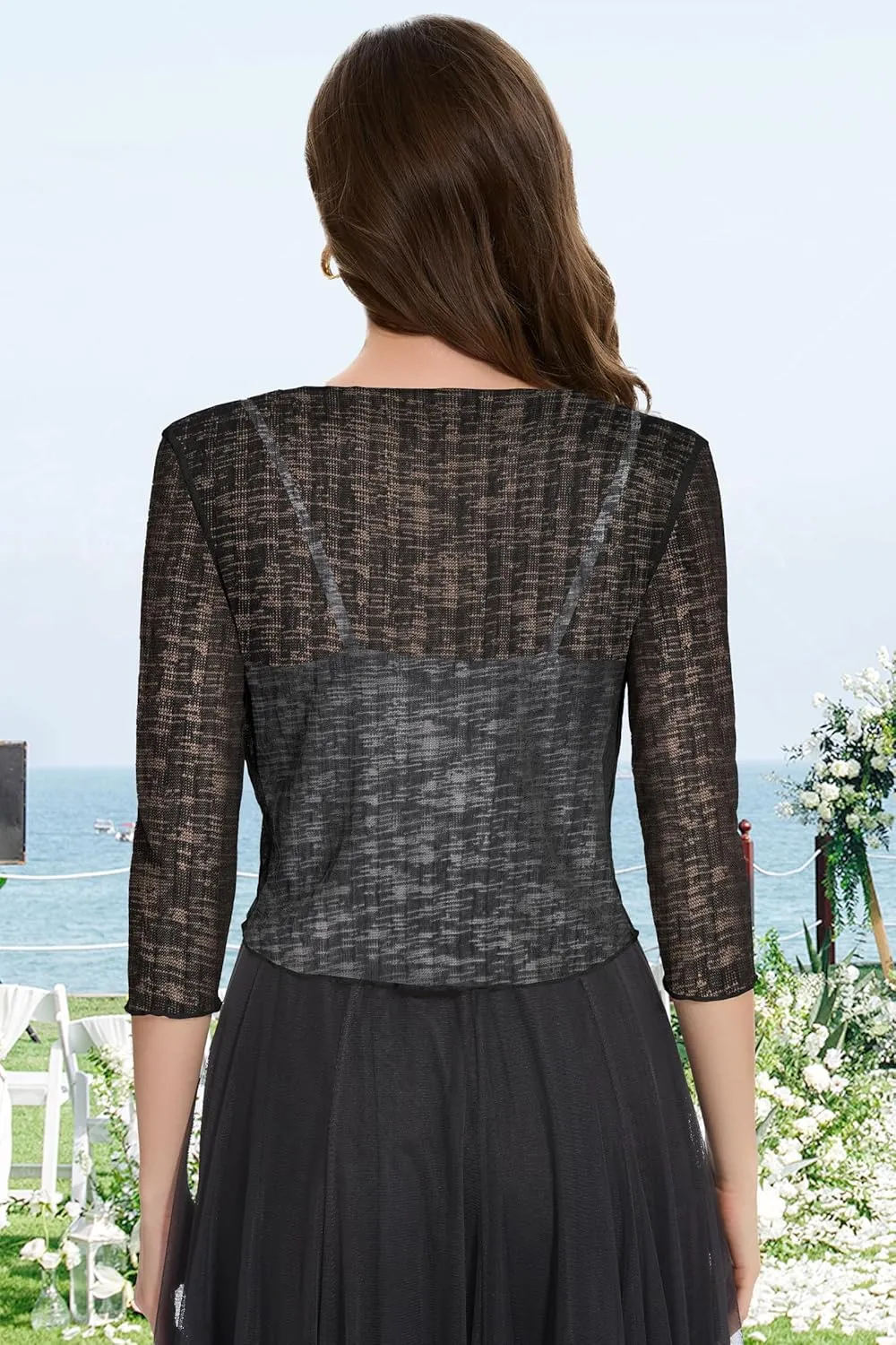 Women Crop Cardigan Sheer Mesh Bolero Shrug for Dress Tie Front 3/4 Sleeve Tops