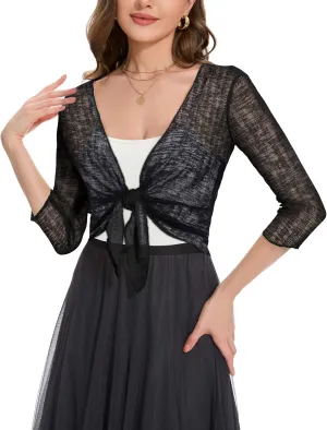 Women Crop Cardigan Sheer Mesh Bolero Shrug for Dress Tie Front 3/4 Sleeve Tops