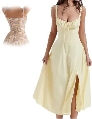 Women Floral Corset Midi Dress, Print Bustier Sundress, Flowy Slit Sundress Summer Beach Corset Dress