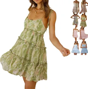 Women Floral Mini Dress Spaghetti Strap Ruffle Tiered Dress, 2025 Summer Sexy Flowy Chiffon Mini Sundresses