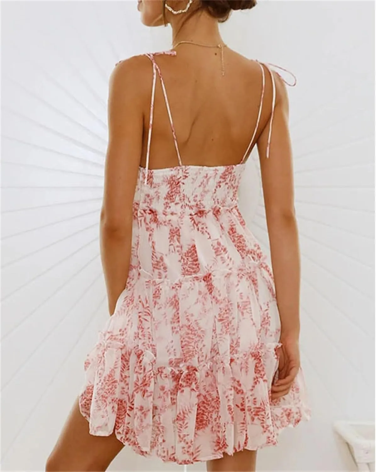 Women Floral Mini Dress Spaghetti Strap Ruffle Tiered Dress, 2025 Summer Sexy Flowy Chiffon Mini Sundresses