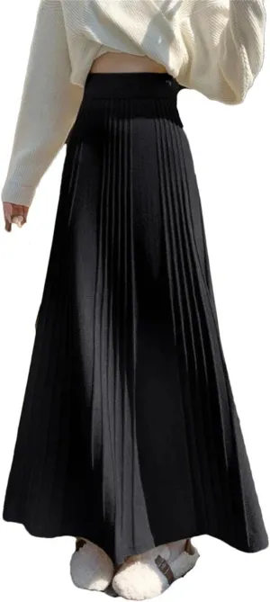 Women High-Waisted Long Skirt All-Match Knitted Long Pleated Skirt