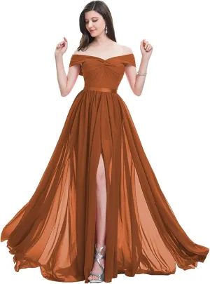Women Long Slit Bridesmaid Dresses Off Shoulder A-line Pleated Chiffon Formal Evening Gowns