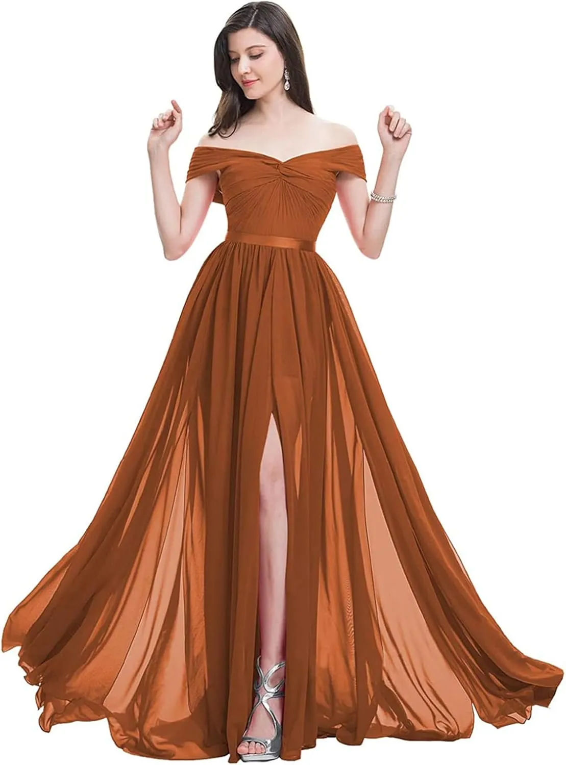 Women Long Slit Bridesmaid Dresses Off Shoulder A-line Pleated Chiffon Formal Evening Gowns