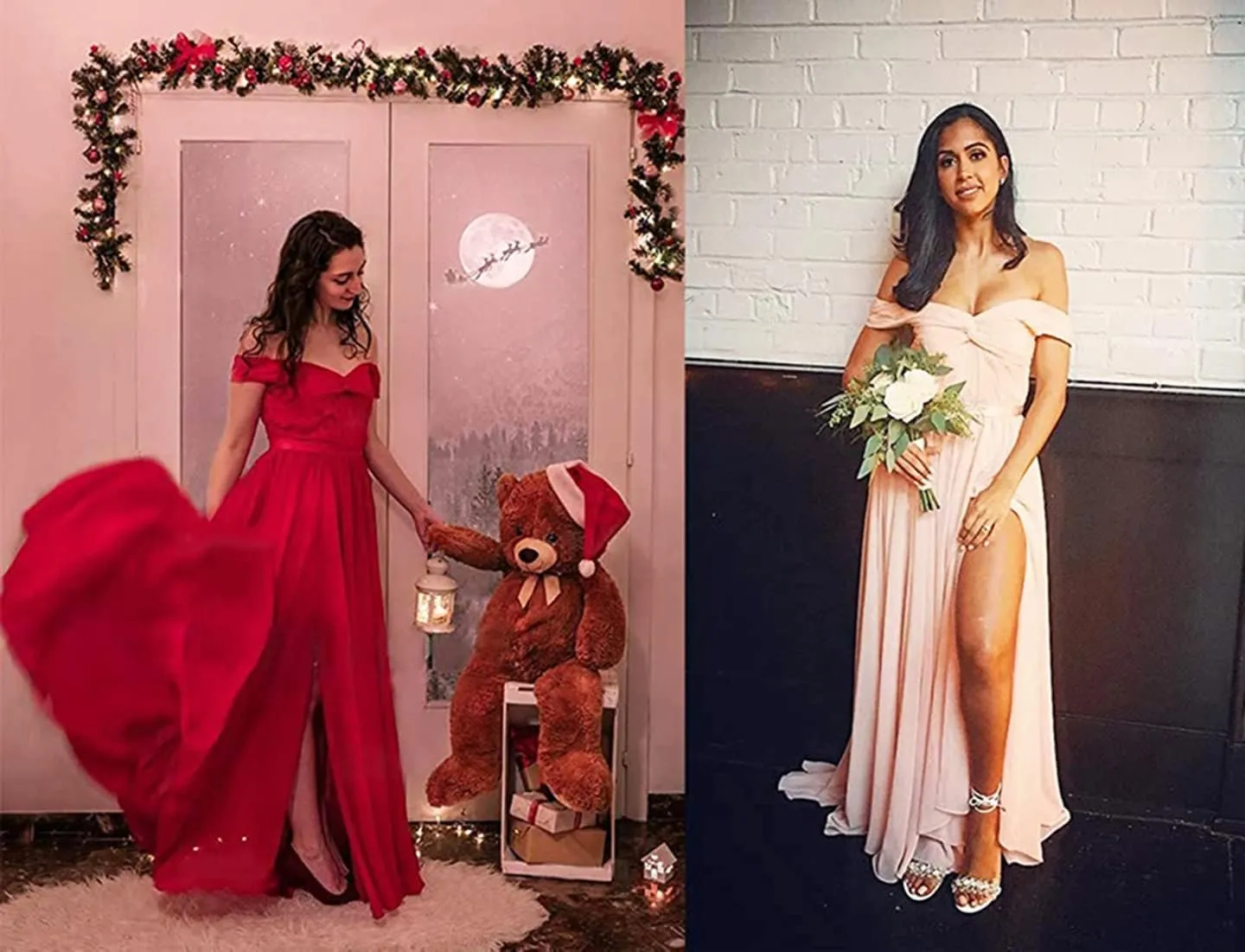 Women Long Slit Bridesmaid Dresses Off Shoulder A-line Pleated Chiffon Formal Evening Gowns