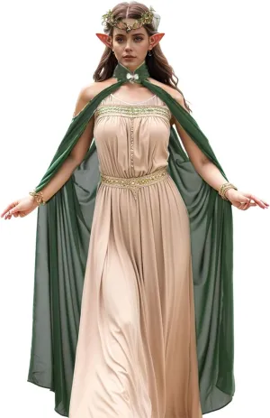 Women Medieval Vintage Elven Cape,Off Shoudler Forest Elf Queen Cloak Set (Elf Crown and Elf Ear included)