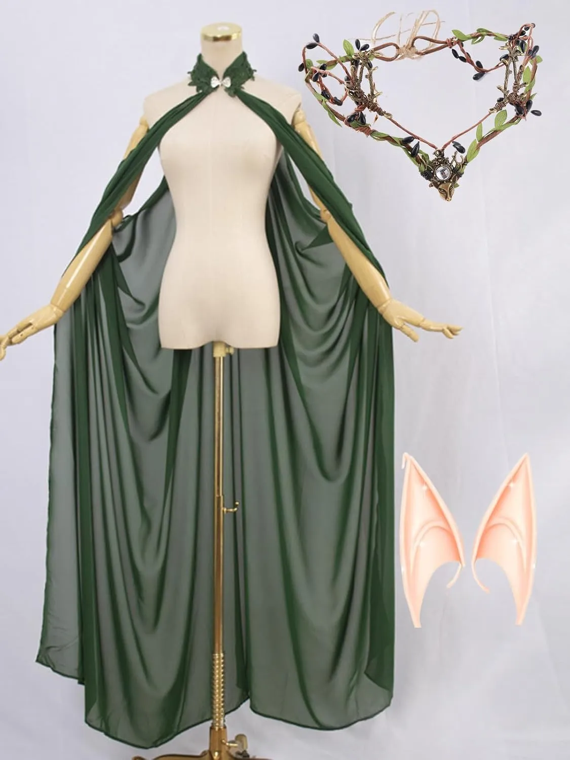 Women Medieval Vintage Elven Cape,Off Shoudler Forest Elf Queen Cloak Set (Elf Crown and Elf Ear included)