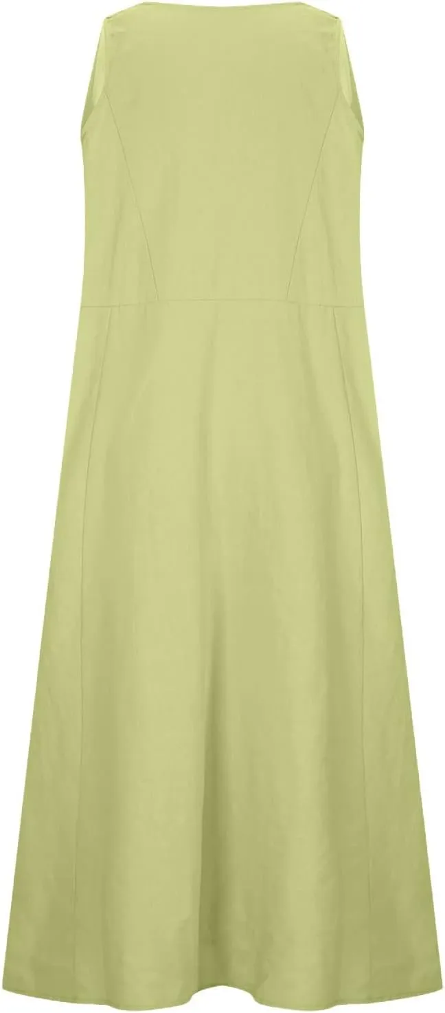 Women Midi Dresses Fashion Beach Sundress Solid Cotton Linen Sleeveless Long Dress Summer Daily Casual Maxi Dress
