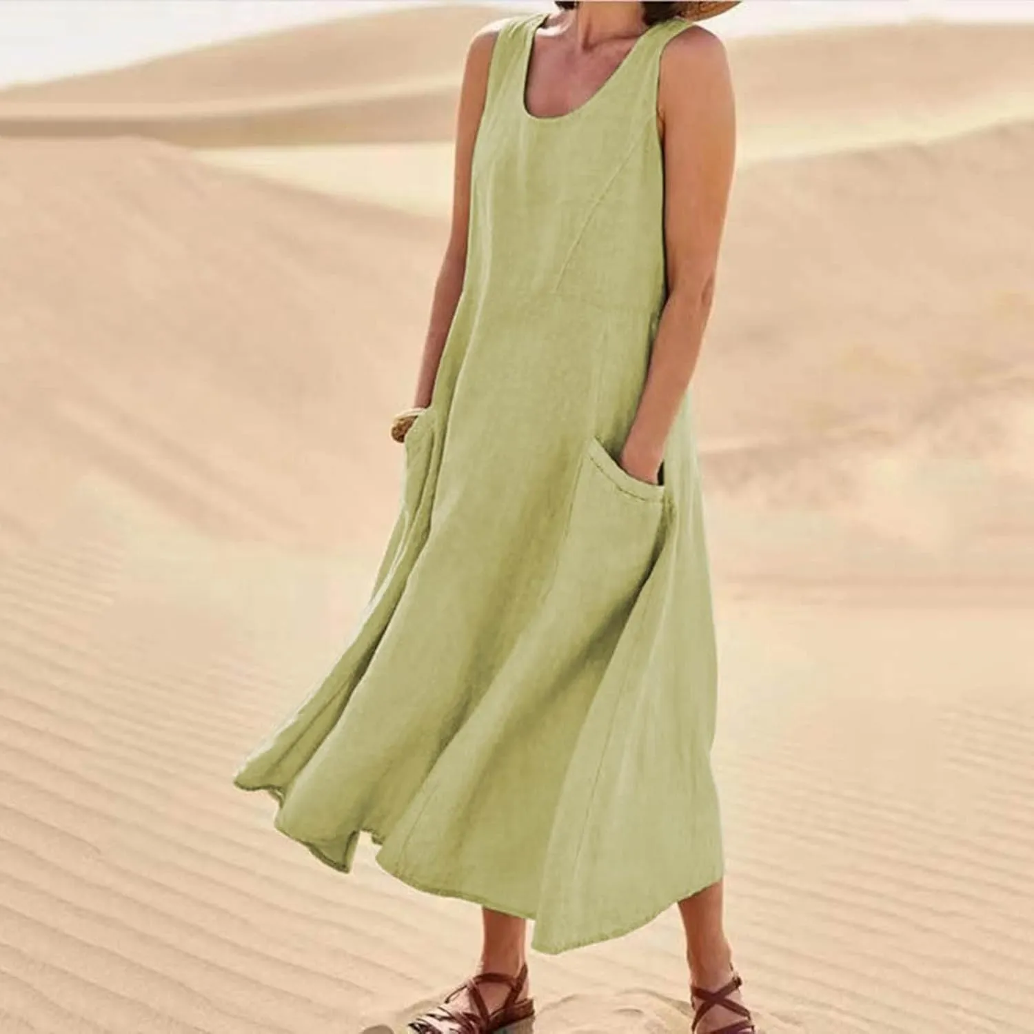 Women Midi Dresses Fashion Beach Sundress Solid Cotton Linen Sleeveless Long Dress Summer Daily Casual Maxi Dress