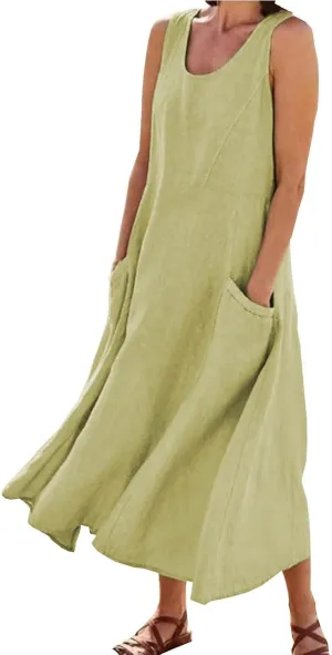 Women Midi Dresses Fashion Beach Sundress Solid Cotton Linen Sleeveless Long Dress Summer Daily Casual Maxi Dress