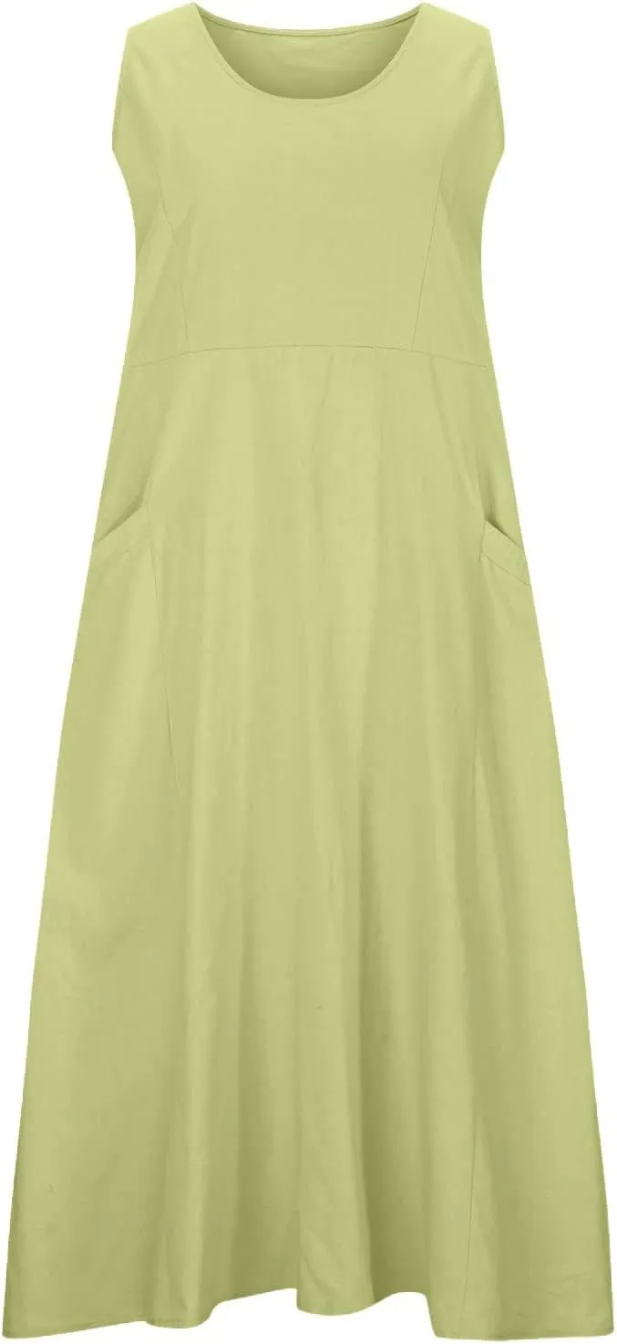 Women Midi Dresses Fashion Beach Sundress Solid Cotton Linen Sleeveless Long Dress Summer Daily Casual Maxi Dress