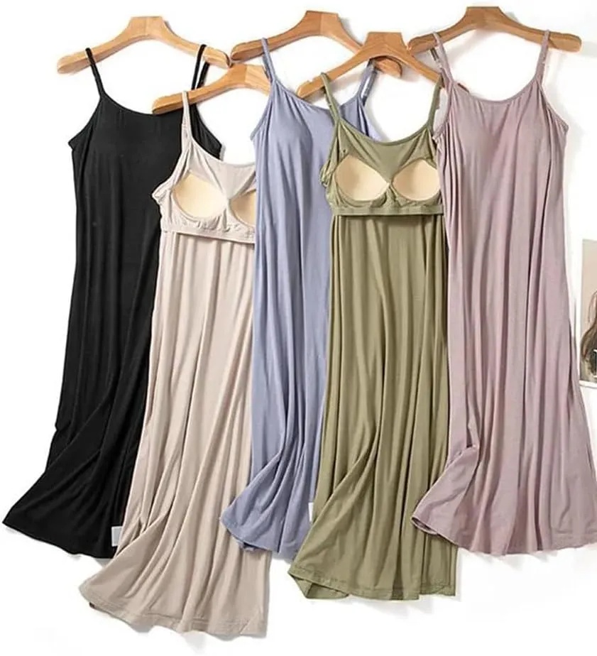 Women Nightgown Bra Padded Camisole Home Wear Nightdress Nightshirt Summer Sleepwear House Dresses