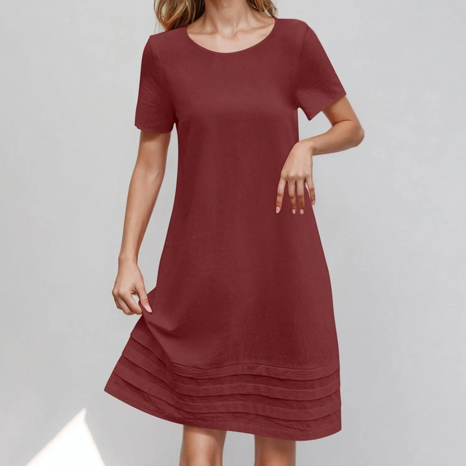 Women Pleated Hem T Shirt Dress Summer Cotton Linen Short Sleeve Crewneck A-Line Dresses Casual Beach Knee Dress